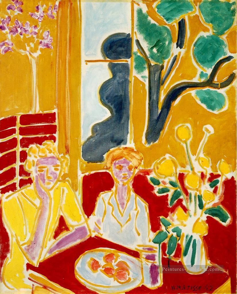 Deux fillettes fond jaune et rouge Deux filles dans un intérieur jaune et rouge 1947 Fauvisme Peintures à l'huile